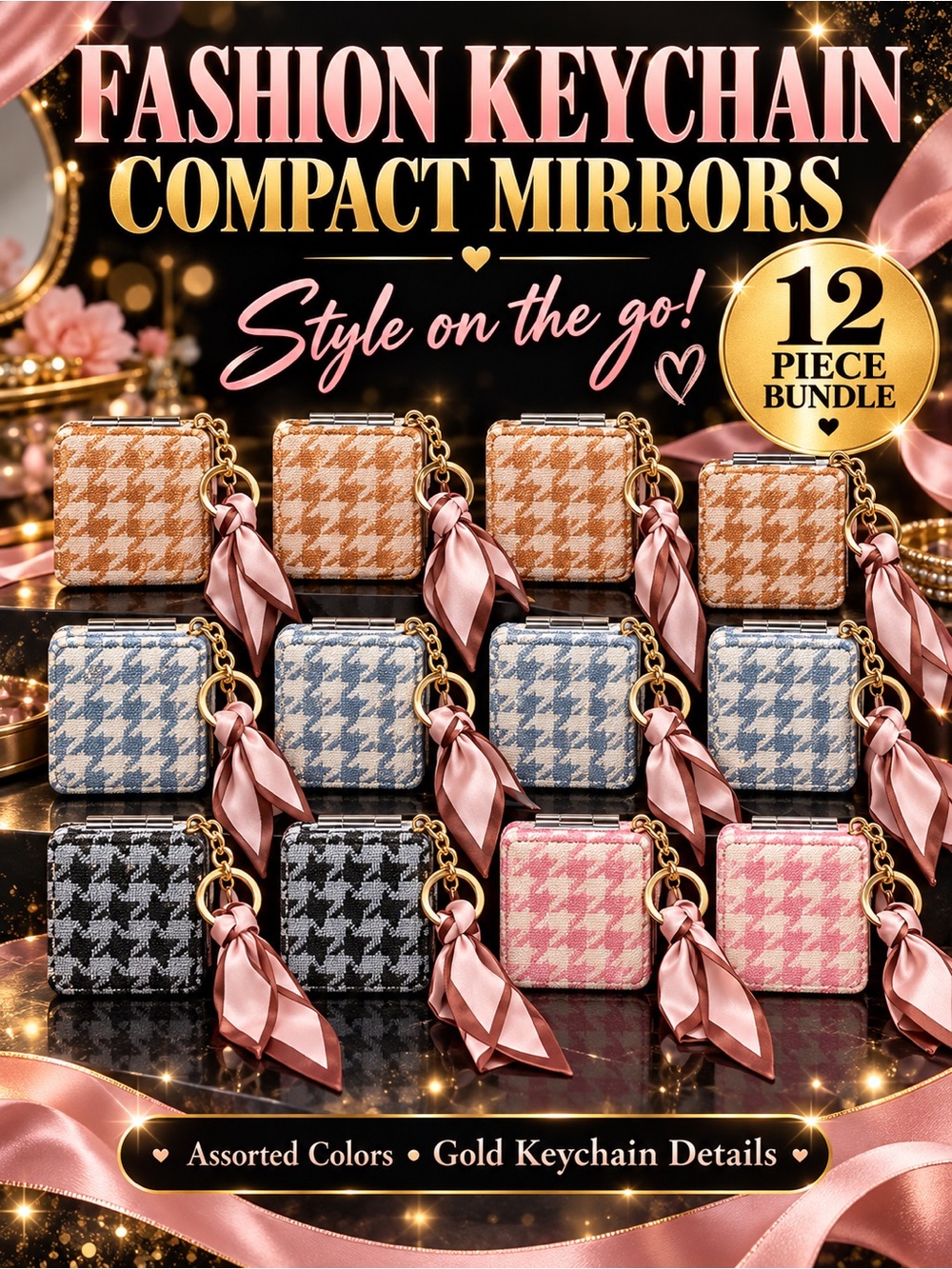 Assorted Houndstooth Keychain Compact Mirrors – Pink, Blue, Black, Tan Set